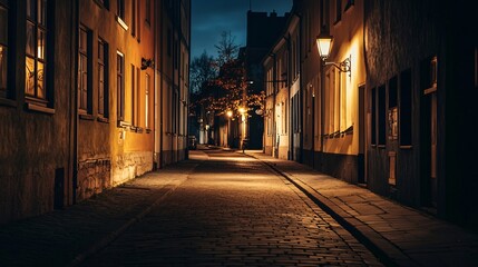Obraz premium Serene Night Streetscape of an Empty Cobblestone Alleyway Illuminated by Warm Street Lights Amidst Quaint Historic Buildings in Autumn