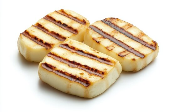 Three grilled halloumi slices on white background showing grill marks