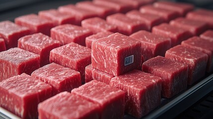 Food safety sanitation certification concept. Closeup of Fresh Raw Beef Cubes Arranged on a Grid Surface
