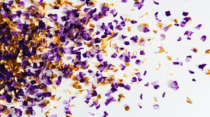 Purple and gold confetti scattered on white background. (5)