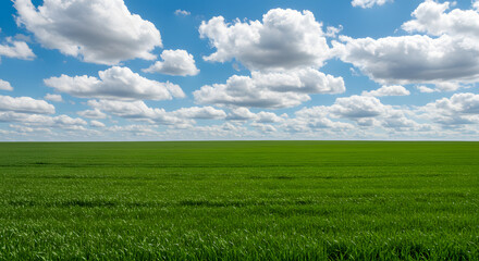 Obraz premium Rich green grass contrasted by a vast blue sky, featuring scattered white clouds.