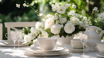 Beautiful Outdoor Table Setting with White Flowers for Dinner Wedding Reception or Festive Event Decor







