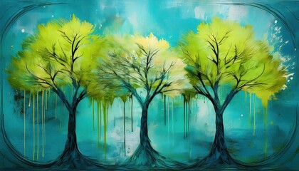 Bold, Expressive Landscape of Turquoise and Lime Trees Amidst a Textured Grunge Backdrop, Embracing an Electric Atmosphere