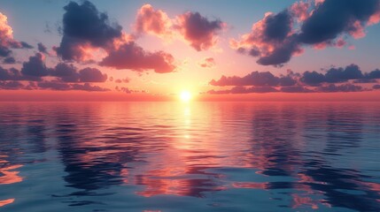 Naklejka premium Serene ocean sunset, pink clouds, calm water, peaceful background, ideal for travel brochures