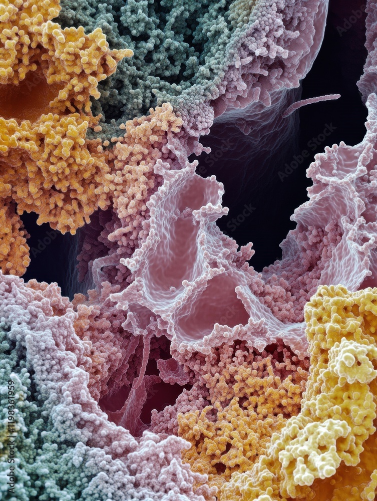 Leinwandbilder dense microbial layer showcasing diverse colors and textures under high magnification in a laborator
