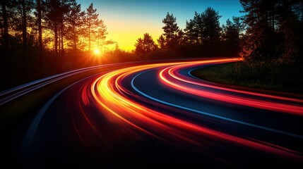 Naklejka premium Sunset Drive: A Journey Through the Serene Forest
