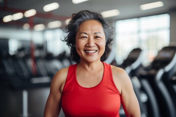 Fototapeta premium Smiling portrait of a middle aged slightly overweight Asian woman in gym
