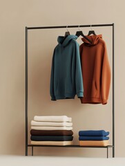 Stylish Hoodies and Stacked Knitwear on Minimalist Clothing Rack, Modern Fashion Display