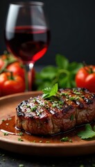 Grilled ribeye, vibrant tomatoes, rich red wine , grilled, wine