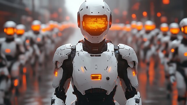 Futuristic robot army marching in city.