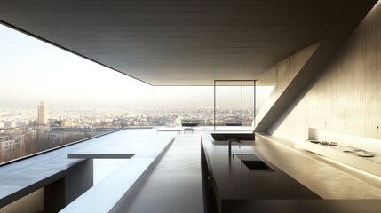 Modern Minimalist Penthouse Kitchen with Panoramic City View