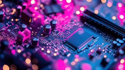 Obraz premium Neon Circuit Board: A Close-Up of Technological Innovation