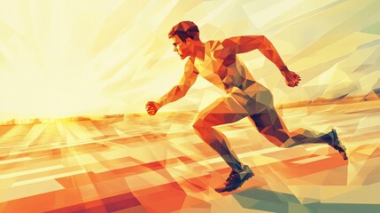 Geometric illustration of a runner in motion, low angle shot, vibrant colors, sunrise or sunset background, abstract polygonal style, track and field.