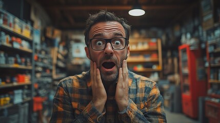 Shocked man in cluttered workshop.  Use Blog, website, article