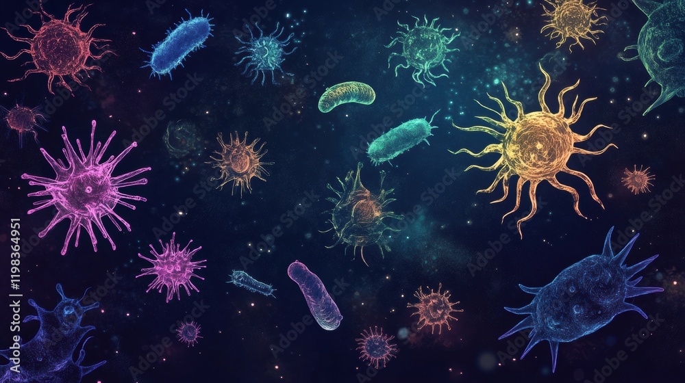 Poster array of colorful bacteria and microbes in a cosmic environment showcasing intricate details and div