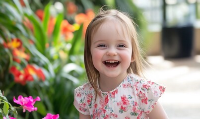 Happy toddler girl laughing in botanical garden