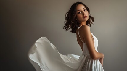 Woman in flowing white backless dress poses elegantly