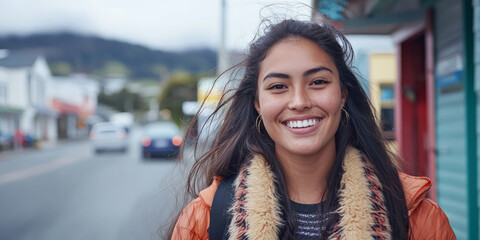 Portrait of a smiling beautiful Māori woman in a New Zealand town, generative AI