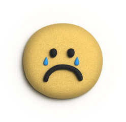 3D Sad Emoji: A 3D rendering of a classic sad emoji with furrowed brow and blue teardrops, capturing a moment of heartfelt sorrow.