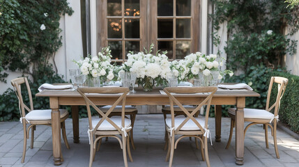 Fototapeta premium Beautiful Outdoor Table Setting with White Flowers for Dinner Wedding Reception or Festive Event Decor