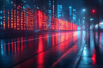 Rainy night city street with neon lights reflecting on wet pavement.