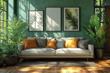 3D rendering of a cozy living room featuring modern decor and a vibrant ambiance