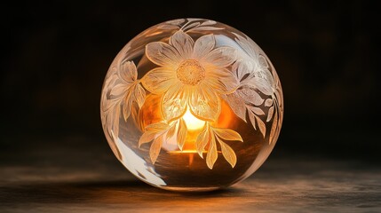 Illuminated Glass Sphere with Etched Floral Design