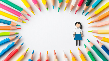 teacher figure stands among colorful pencils, inspiring creativity and learning