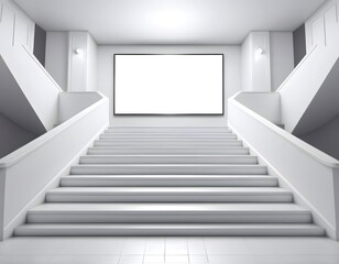 Obraz premium Modern white staircase leading to a blank billboard in a bright and spacious building