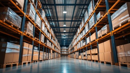 Fototapeta premium Vast Warehouse Interior: Rows of Pallets and Boxes