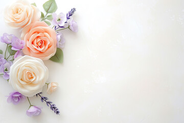 Soft pastel roses and lavender flowers on light background, perfect for wedding themes