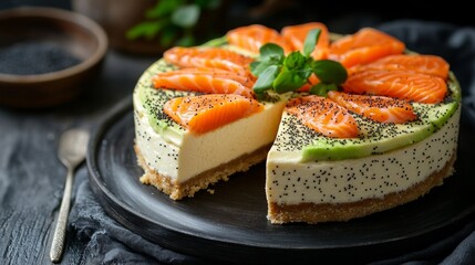 A cheesecake with avocado and salmon slices on top. Delicious cake. Birthday cake. Cake with fresh salmon and fruit
