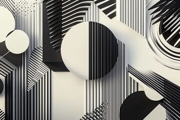 a high-quality 3D wallpaper with repeating geometric shapes in an abstract black and white color scheme. The design incorporates a clean, central void for text placement, surrounded by dynamic lightin