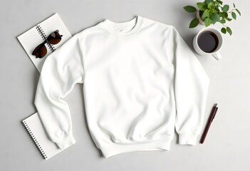 White sweatshirt mockup with coffee, plant, sunglasses, notebook and pen on gray background