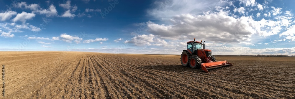 Aufkleber red tractor working on a plowed field under a blue sky with clouds in the countryside. generative ai