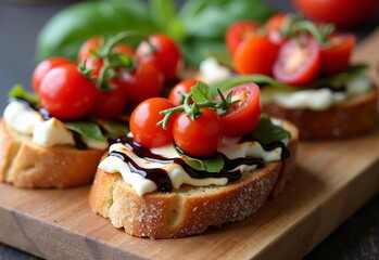 Artfully Crafted Bruschetta Trio Featuring Fresh Cherry Tomatoes, Rich Ricotta Cheese, and Drizzled Balsamic Glaze on a Charming Wooden Serving Board