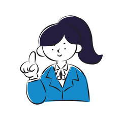 Simple hand-drawn illustration of a female student in a blazer raising her index finger.