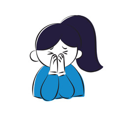 A simple hand-drawn illustration of a female student in a blazer holding her face with both hands and sneezing.
