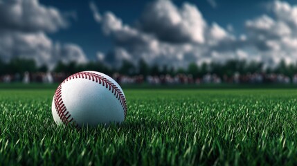Close-Up of a Baseball on Green Grass Field Under a Dramatic Sky with Fluffy Clouds Presenting a Perfect Scene for Sports Photography and Visual Storytelling