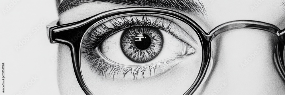 Poster close up view of a human eye with glasses, showcasing intricate details of iris and eyelashes. gener