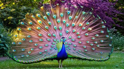 Obraz premium Majestic Peacock Displaying its Vibrant Plumage in a Lush Garden