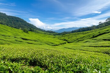 Lush green tea plantation valley under a bright blue sky