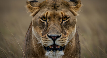 Fototapeta premium A lioness showcasing her remarkable dental characteristics.