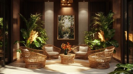 Serene Tropical Indoor Lounge:  A Luxurious Relaxing Oasis Designed for Tranquility and Comfort