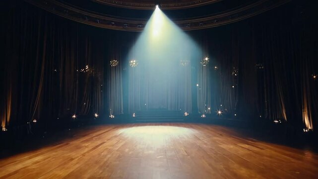 A spotlight illuminates an empty stage in a grand theater setting.