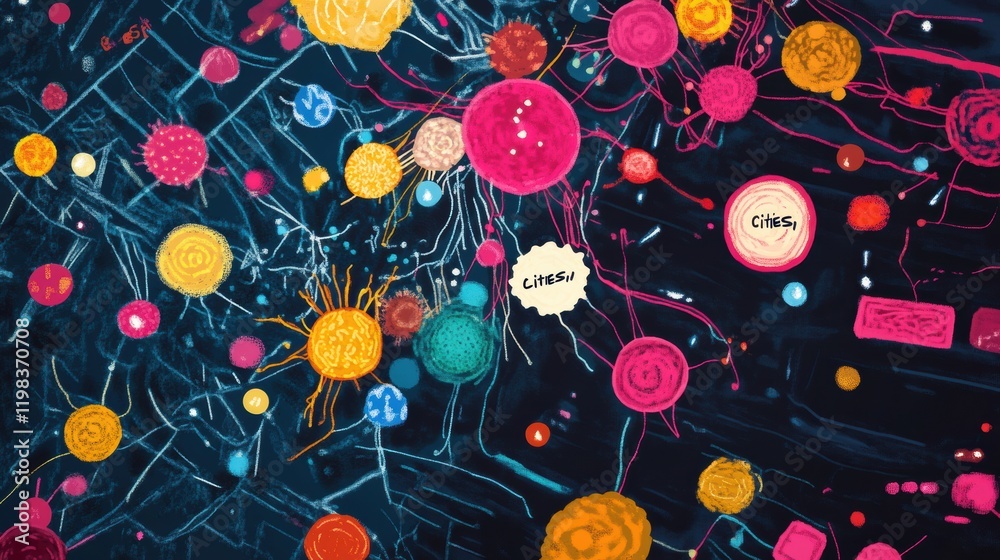 Aufkleber colorful playful map depicting bacteria colonies as vibrant cities in a creative representation of m