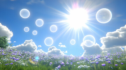 Sunny Summer Field with Soap Bubbles and Wildflowers