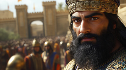 Mordechai dressed in traditional Persian robes with intricate patterns in deep blue and gold, wearing a tall headdress, standing confidently at the city gates of ancient Shushan