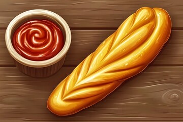 Golden Crusty Bread Roll with Swirled Ketchup Dip on Rustic Wood