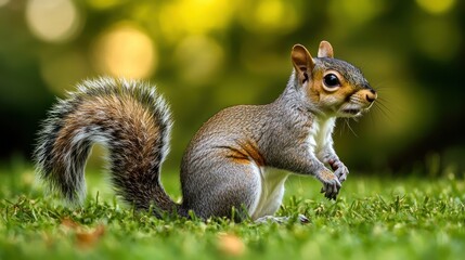 Obraz premium Adorable Grey Squirrel in Lush Green Grass